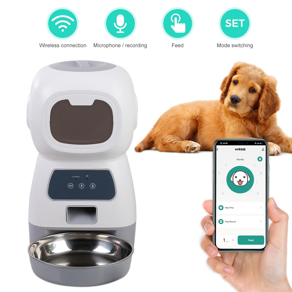3.5L WIFI Automatic Dog Feeder Programmable Pet Smart Feeder Dual Power Mode for Cats and Dogs Stainless Steel Feeding Bowl